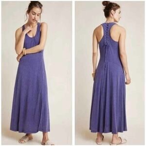 Anthropologie Maeve Dress Large Blue Lace Up Back Midi Knit Racerback
